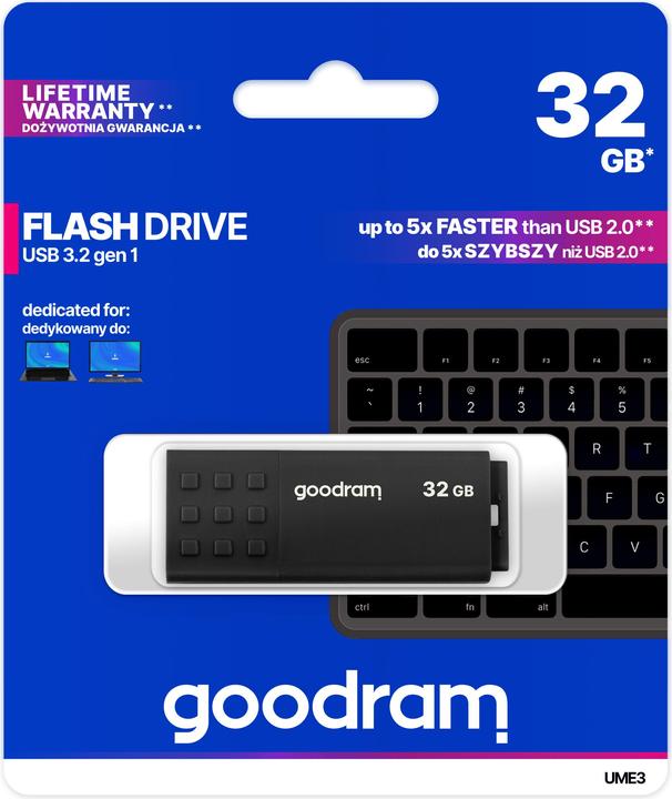 Actual product image Goodram UME3 - 32 GB - USB Type-A - 3.2 Gen 1 (3.1 Gen 1) - 60 MB/s - cap - black (32 GB, USB-A)