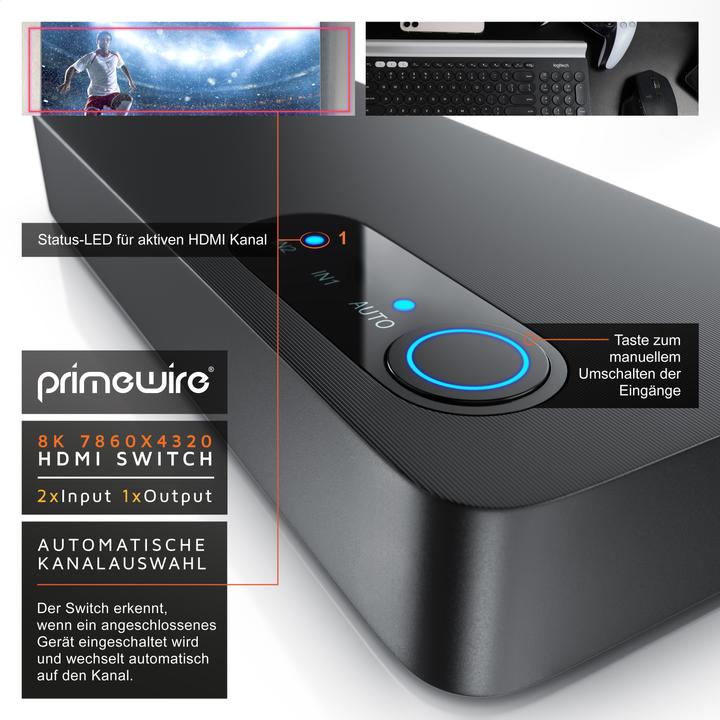 Actual product image Primewire 2-port HDMI splitter, 8K aluminium HDMI switch 2 in 1 Out UHD, distributor, switcher, 4K 3D HDR