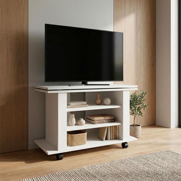 Produktbild FineBuy TV Lowboard mit Rollen Weiss 78cm HiFi Bank Rollen Fernsehtisch TV Möbel drehbar