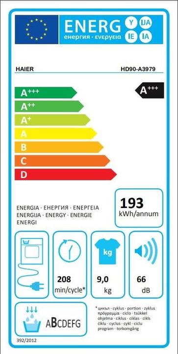 Energie-Label Haier Hd90-a3979-s (9 kg, Rechts)