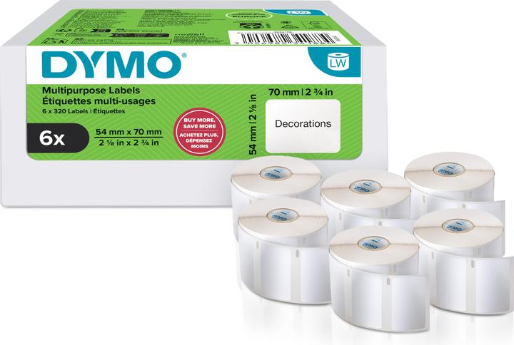 Produktbild Dymo Etiketten Mehrzweck weiss perm. 6 Rollen à 320 Etiketten,perm.haft. (54 mm)