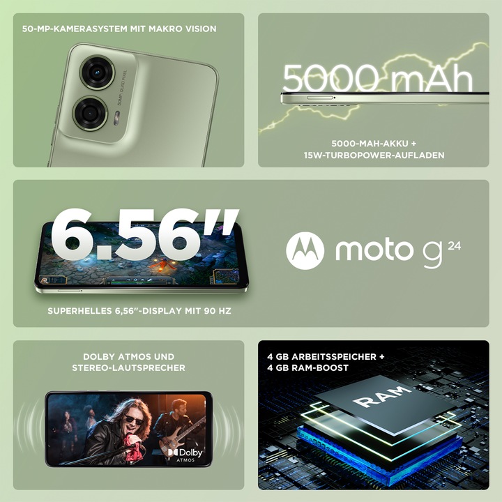 Immagine prodotto Motorola moto g24 (128 GB, Verde Ghiaccio, 6.56", Doppia SIM Ibrida, 50 Mpx, 4G)