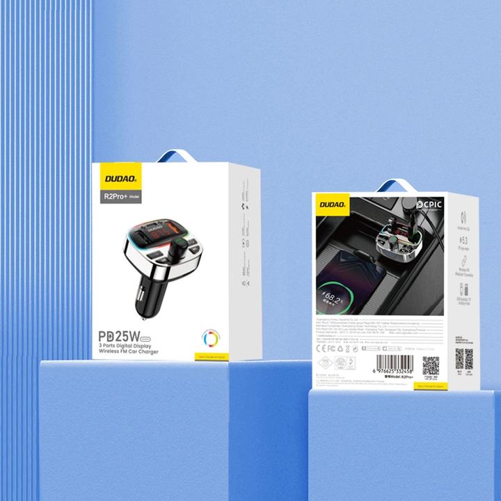 Produktbild Dudao R2PRO+ Transmitter with PD25W Bluetooth 5.3 RGB Charging Ports - Black and Silver