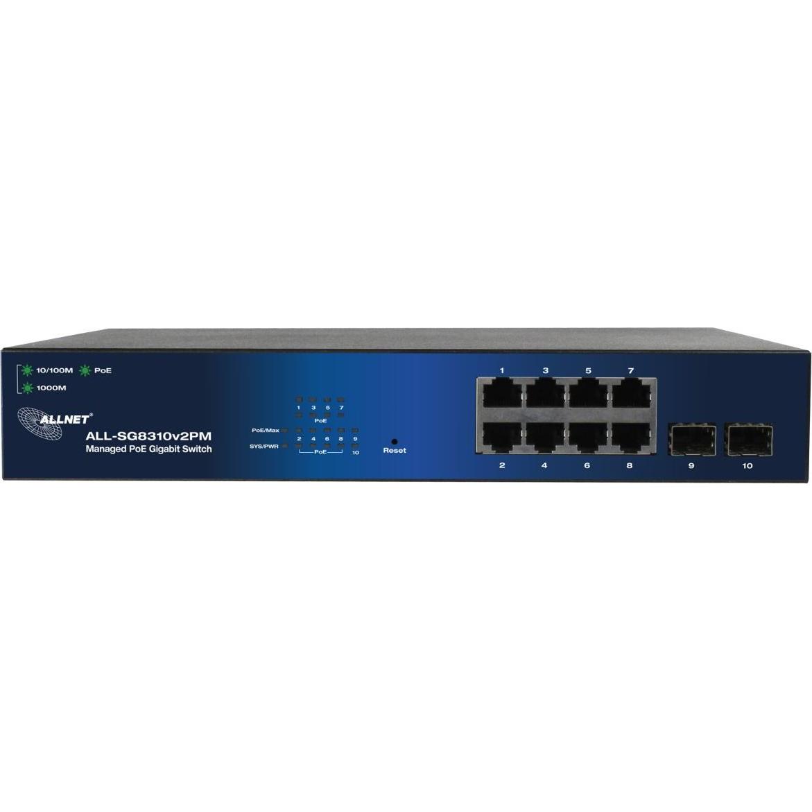 Allnet switch smart managed 8 port gigabit 140w / 8x poe+ / 2x sfp / lüfterlos / 19 zoll / zollall- (10 Ports), Netzwerk...