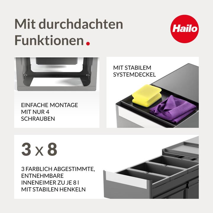 Image du produit Hailo Abfallsammler 3666921 Terzett 3x8 Liter Abfalltrennsystem Einbau-Mülleimer für Unterschränke a (24 l)