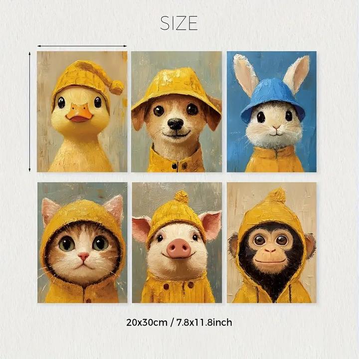 Actual product image ASMI 6 Stück niedliche Tierkinder, Poster auf Leinwand im Ölgemälde-Stil ungerahmt (30 x 20 cm)