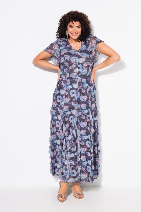 Produktbild Ulla Popken Mesh-Abendkleid, Blüten, V-Ausschnitt, Flügel-Halbarm (42, 44)
