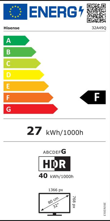 Label énergétique Hisense Smart TVHD Ready, Schwarz, F (32", LED, HD ready)