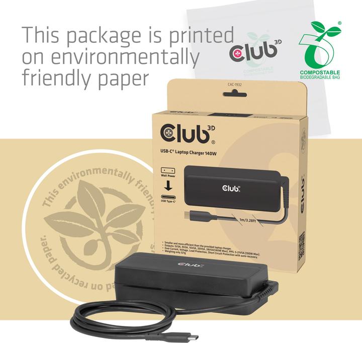 Actual product image Club 3D Club3D Nabíječka pro notebook, USB-C, 140W, 1m (140 W, 1 portion)