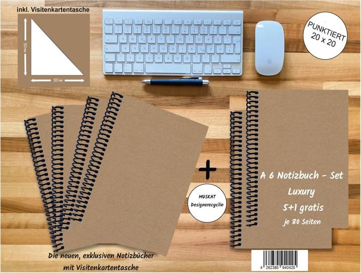 Image du produit A 6 Carnet de notes - set, 4+2 gratuit, Luxury 80 pages MUSKAT Designerecycling, pointillés 20x20mm (A6, Pointillés)