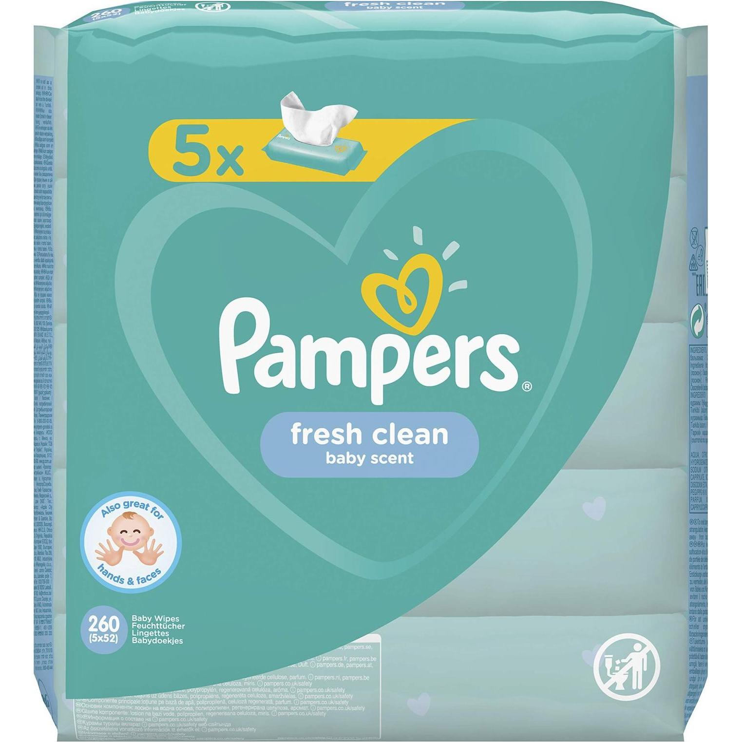 Pampers Fresh Clean Feuchttücher 5x52 Stk. = 260 Tücher, milder Duft, Hände & Gesicht