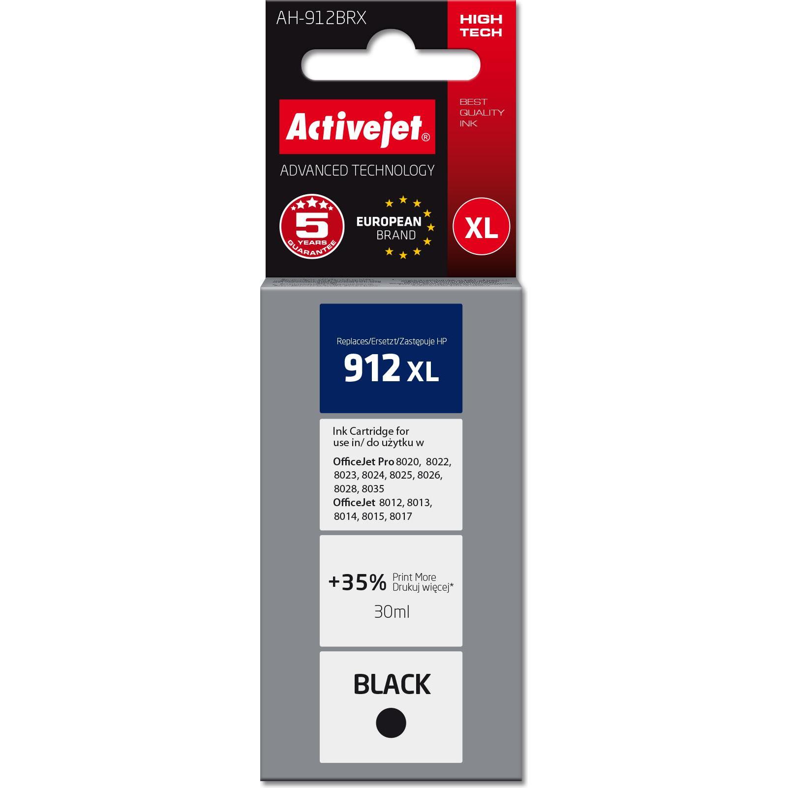 Activejet, Druckerpatrone, AH-912BRX Tinte für HP Drucker Ersatztinte HP 912XL 3YL84AE Premium 1100 Seiten schwar (BK)