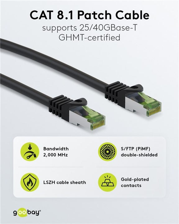Actual product image Goobay GHMT-certified CAT 8.1 patch cable, S/FTP PiMF, grey (S/FTP, CAT8.1, 0.50 m)