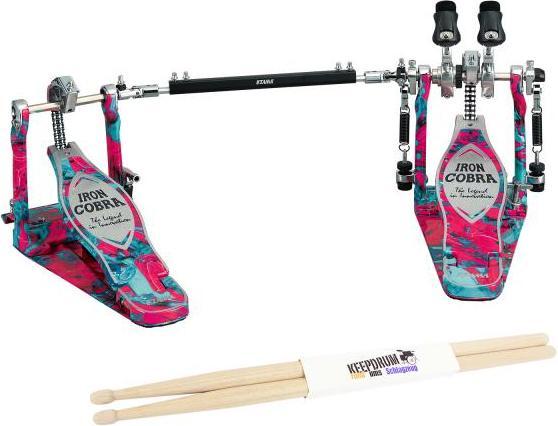 Tama Doppelpedal hp900pwmcs Iron Cobra 900 Marble Coral Swirl mit Schlagzeugstöcken (Schlagzeug)