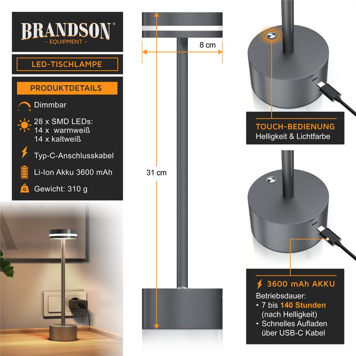 Actual product image Bearware Tischleuchte dimmbar, LED Tischlampe, 3 Lichtfarben, Akku, Helligkeitsstufen, kabellos, Silber