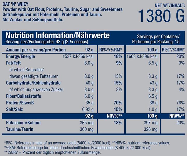 Nährwerte und Zutaten Scitec Oat N Whey (Schokolade, 1 x, 1380 g)