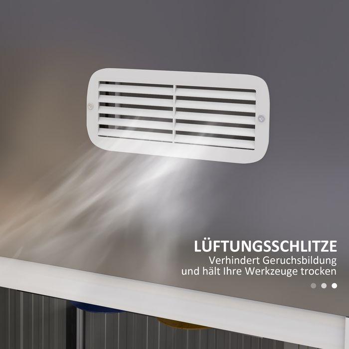 Actual product image Swisshandel24 Gerätehaus Stahl 2,7m² UV-Schutz 2 Schiebetüren Regal Fundament Dunkelgrau 238x132x198,5cm