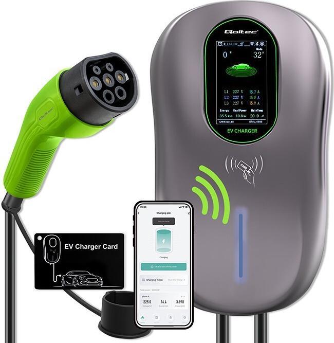 Produktbild Qoltec Ladestation EV 2-in-1 Typ2 | 22kW | WLAN | TUYA | LCD | RFID | 3 Phasen | Wallbox | 5m (Typ 2, 22 kW, 32 A, Fest verdrahtet)