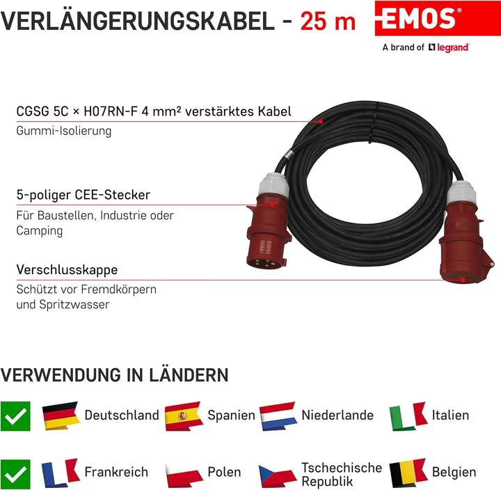 Produktbild Emos 3 fázový venkovní prodlužovací kabel PM1105 - 25 m / 1 zásuvka / černý / guma / 400 V / 4 mm2 (25 m)