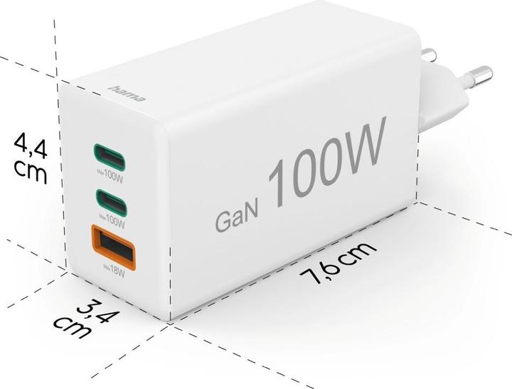 Actual product image Hama GaN quick charger, 2x USB-C PD, 1x USB-A Q (100 W)