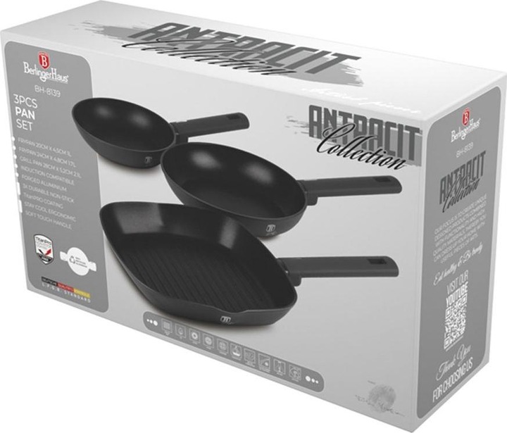Productafbeelding BerlingerHaus House 3-delige koekenpannenset Ø 20/24cm + 28 cm grillpan mat Antraciet Collection (28 cm, Grillpan, Koekenpan, Aluminium)