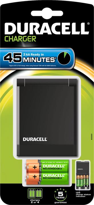 Immagine prodotto Duracell 45m Caricatore + 2 x AA/AAA (4 pz., AAA, AA, 1700 mAh, Caricabatterie senza batteria)
