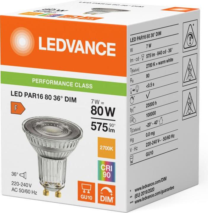 Produktbild Ledvance LED PAR16 80 36 DIM LED PAR16 DIM P 7W 927 GU10 LEDPAR168036DIM (GU10, 7 W, 575 lm, 10 x, F)