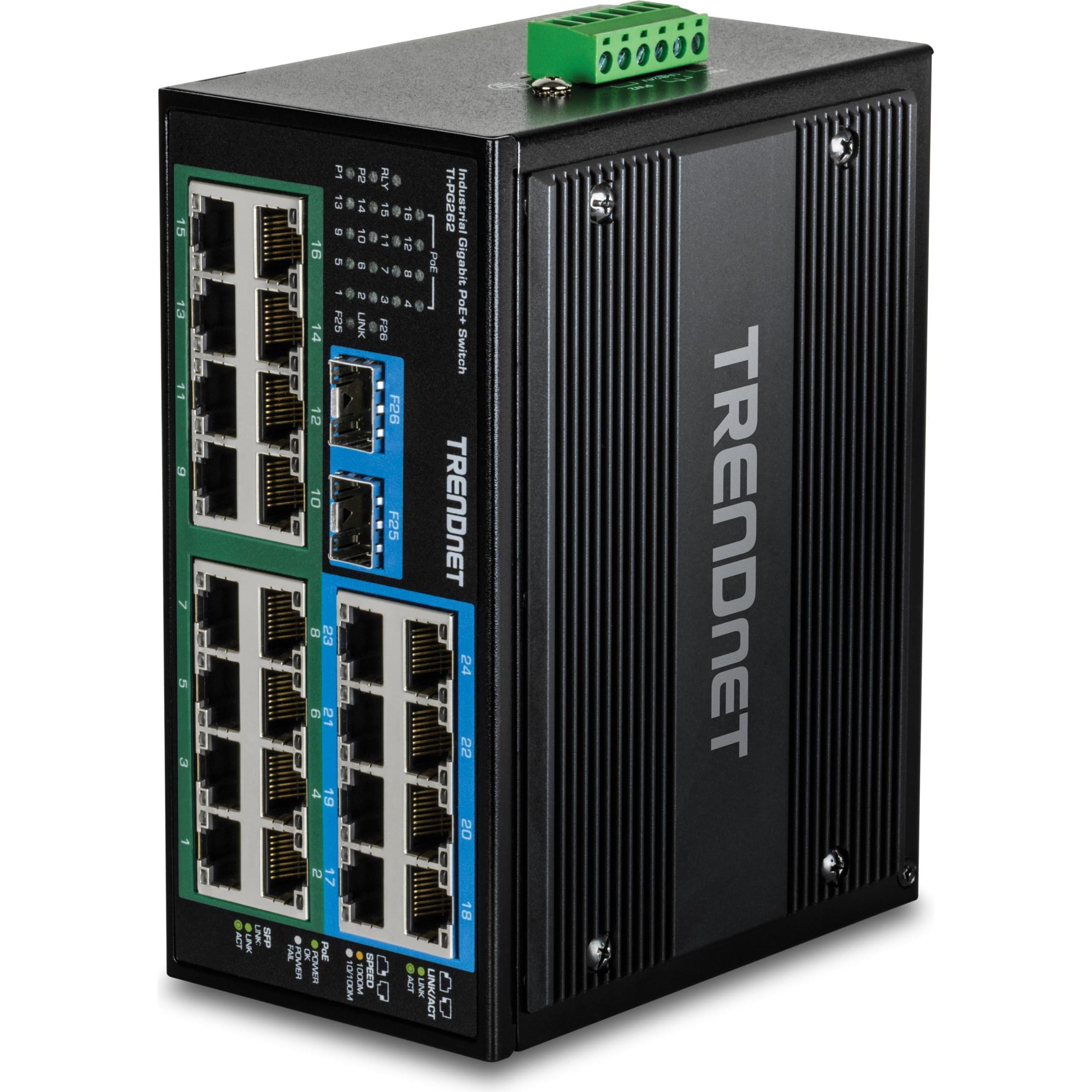 Trendnet Industrie Switch 26Port Gbit PoE+ Metall DIN-Rail (26 Ports), Netzwerk Switch, Schwarz