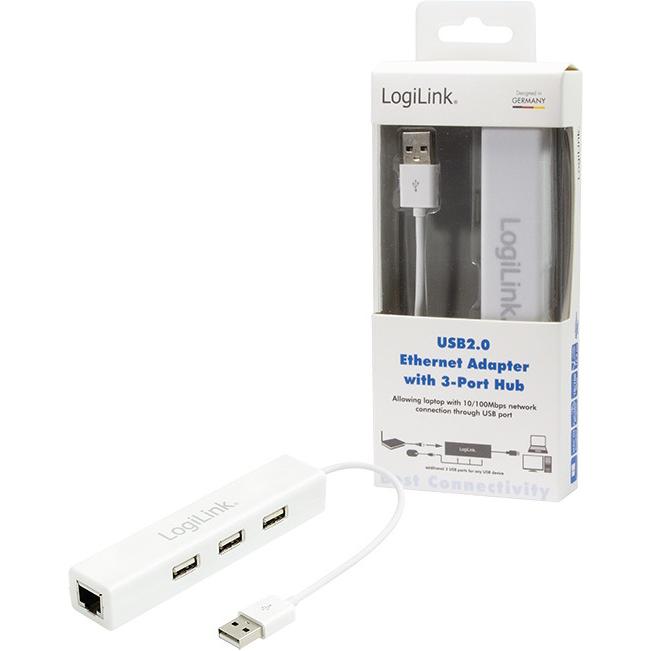 Thumbnail - LogiLink USB 2.0 zu RJ-45 (USB-A, 3 Ports), Dockingstation + USB Hub, Weiss