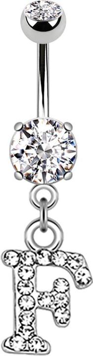 Produktbild Star Piercing Banane silber mit Anhänger Kristall Buchstabe F (Messing, Chirurgenstahl 316L)