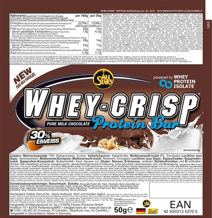 Produktbild All Stars Whey Crisp Protein Bar (Pure Chocolate, 1 Stk., 50 g)