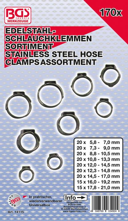 Actual product image BGS Stainless Steel Hose Clamp Assortment Ø 5.8 - 21 mm 170 pcs. (Hose clamp, 21 mm)