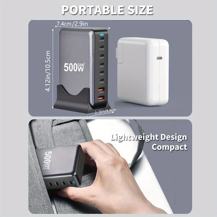 Image du produit PhoneLook Station de charge rapide 500W 8 ports USB PD Quick Charge 3.0 USB-C avec câble inclus prise CH/EU in (500 W)