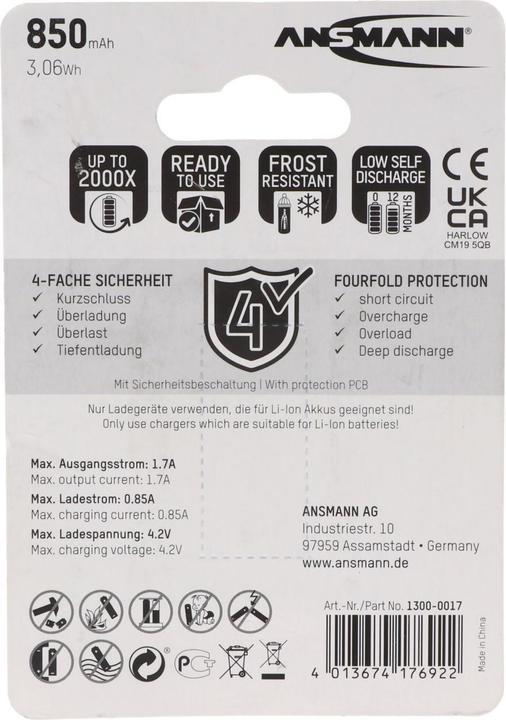 Produktbild Fenix Akku, 3.7 V max. 760mAh Lithium (4 Stk., 16340, 760 mAh)