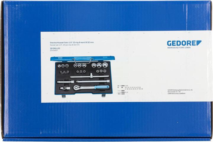 Actual product image Gedore 19 EMU-20 Socket spanner set 1/2", 23 pieces, hexagonal, 8-32 mm (32 mm, 18 mm, 11 mm, 12 mm, 20 mm, 19 mm, 27 mm, 15 mm, 25 mm, 13 mm, 21 mm, 14 mm, 29 mm, 8 mm, 10 mm, 30 mm, 23 mm, 26 mm, 22 mm, 17 mm, 28 mm, 9 mm, 16 mm, 24 mm, 31 mm)