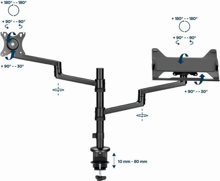 Actual product image Gembird Regulowany uchwyt biurkowy z ramieniem na monitor i podstawką na notebooka 17-32inch do 8kg (Table, 32", 8 kg)