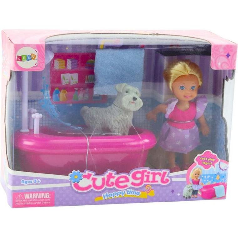 Lean Toys Lean Mini-Puppen-Set Mit Badewanne Und Weissem Hund Rosa