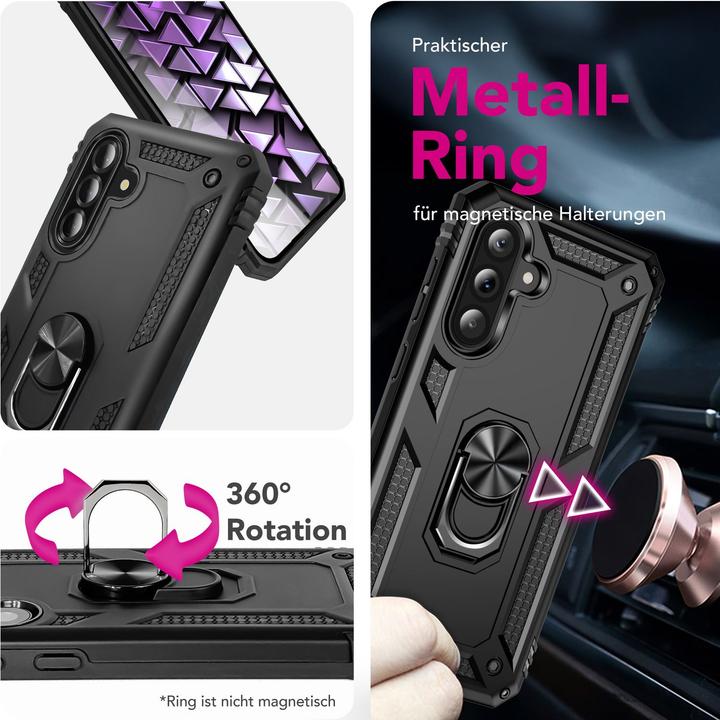 Produktbild Nalia RingDefend - Schwarze Panzerhülle mit 360-Grad Finger-Halter & Ständer - Military Style Cover (Samsung Galaxy A36)