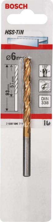 Produktbild Bosch Professional Zubehör Metallbohrer HSS-TiN, DIN 338, 6 x 57 x 93 mm (6 mm)