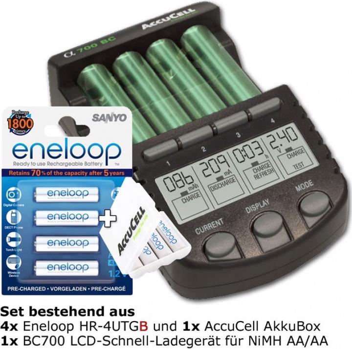 Immagine prodotto AccuCell Technoline BC 700 caricabatterie nero con 4x eneloop HR-4UTG e AkkuBox AAA (AAA, Batteria + Caricabatterie)