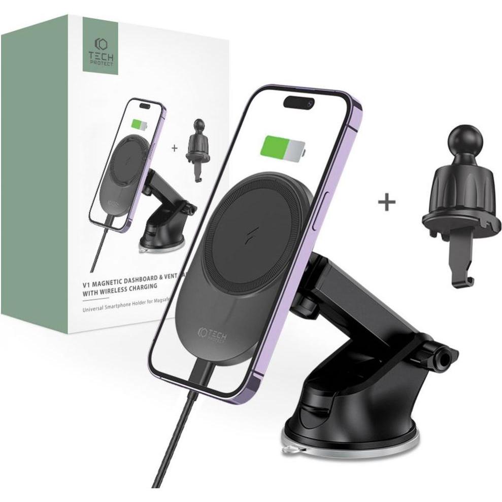 Thumbnail - Tech-Protect MM15W-V1 car phone holder with MagSafe 15W inductive charger for cockpit / air vent - b, Smartphone Halteru...