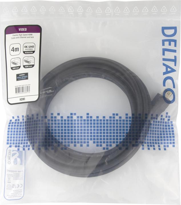 Actual product image Deltaco High-Speed Flex HDMI cable, 4M, w/lock, 4K UHD, black (4 m)