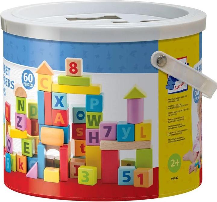 Actual product image Woody Wooden blocks with alphabet and numbers in pastel colours, 60 pieces