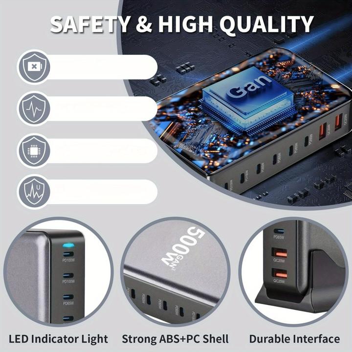 Image du produit PhoneLook Station de charge rapide 500W 8 ports USB PD Quick Charge 3.0 USB-C avec câble inclus prise CH/EU in (500 W)