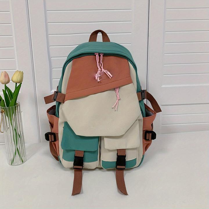 Actual product image Only-Bags.Store Aesthetic colour contrast travel backpack, large capacity flap school bag, style bookbag for