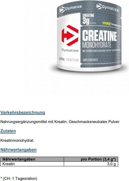 Valori nutrizionali e ingredienti Dymatize Creatina monoidrato (1 Pezzo/i, Polvere, 300 g)