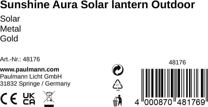 Nährwerte und Zutaten Pauleen Solar Laterne Sunshine Aura (21 x 21 x 25 cm, 1 x)