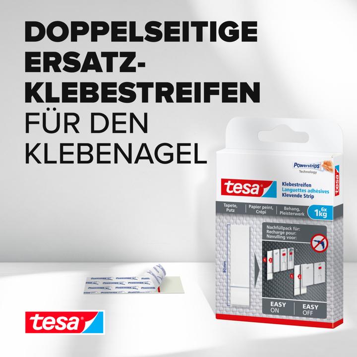 Produktbild tesa Powerstrips für Tapete & Putz, 1kg Halteleistung, 6x doppelseitige Klebestreifen