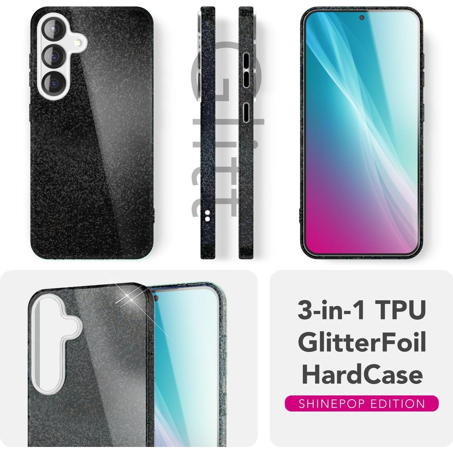 Thumbnail - Nalia ShinePop - Stabile Glänzende Glitzer Hülle - Glamour Glitter Cover (Samsung Galaxy S25), Smartphone Hülle, Schwarz