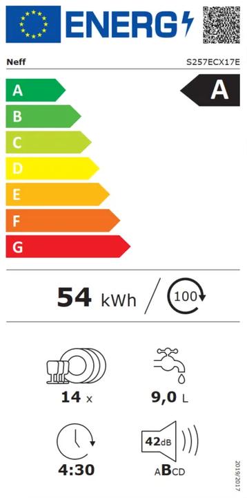 Label énergétique Neff N 70, Geschirrspüler vollintegrierbar, 60 cm, XXL, S257ECX17E